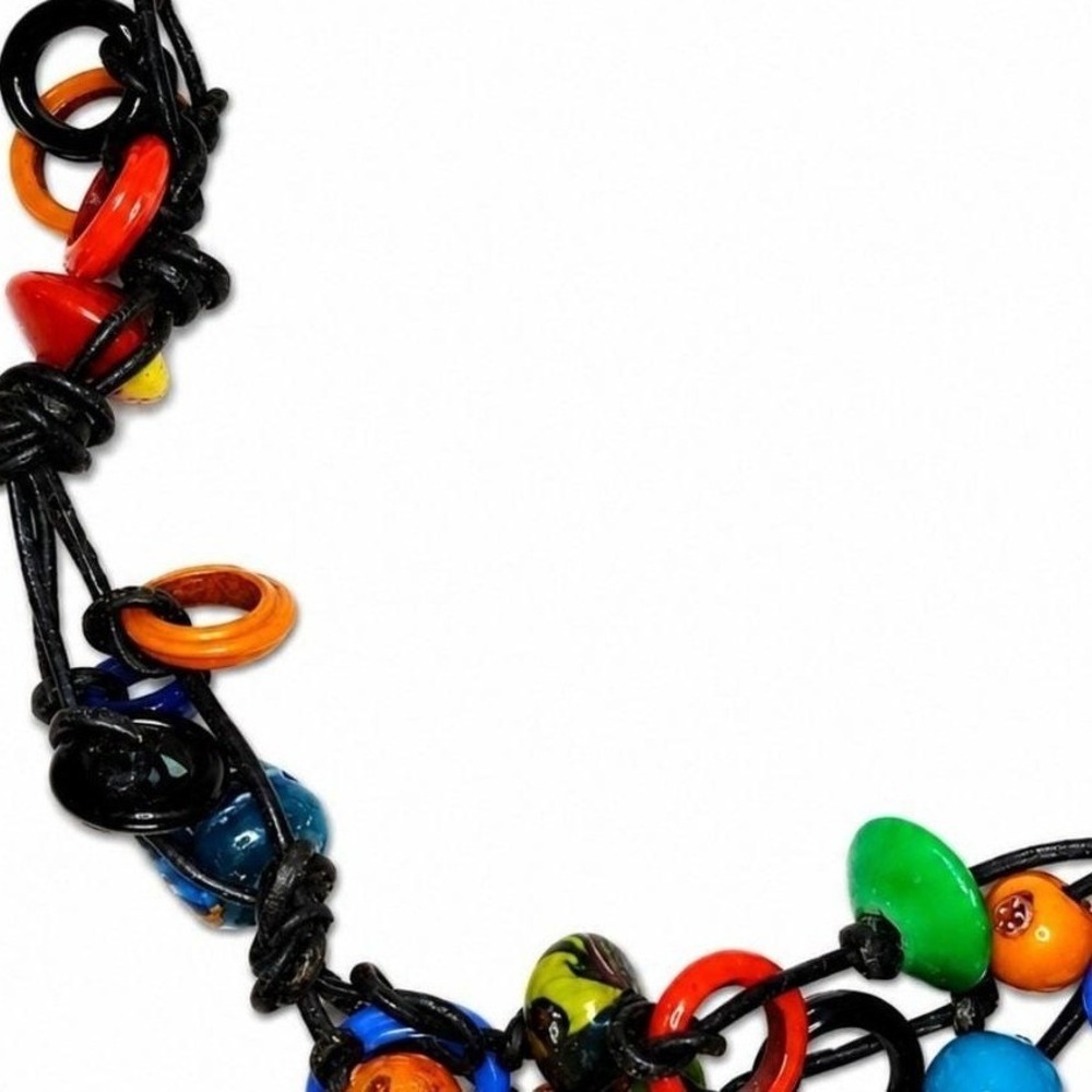 Artisan Colorful Beaded Necklace Hand Painted Wood Beads Abstract Boho Statement